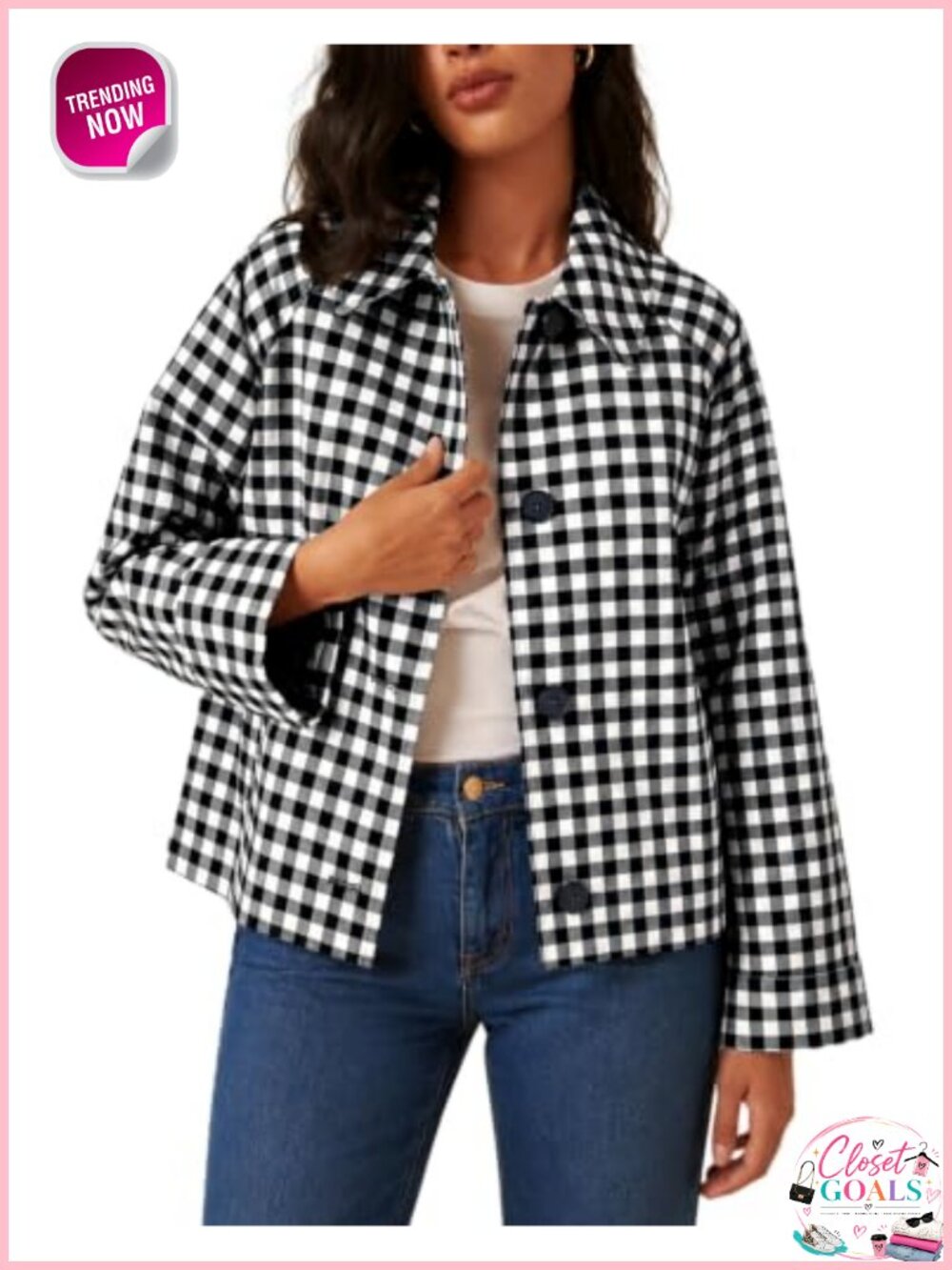 Plaid Short Trench Jacket Lapel Button Down Lightweight Outwear with Pockets